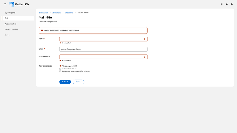 Inline Alert in Horizontal Form screenshot