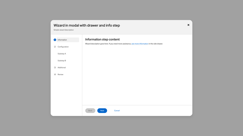 In modal, with drawer and informational step screenshot
