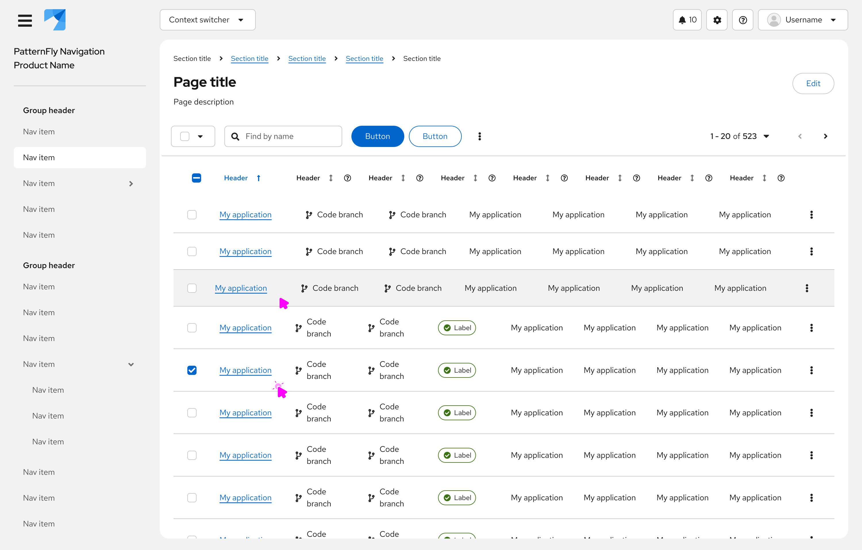 Example of link buttons in a table