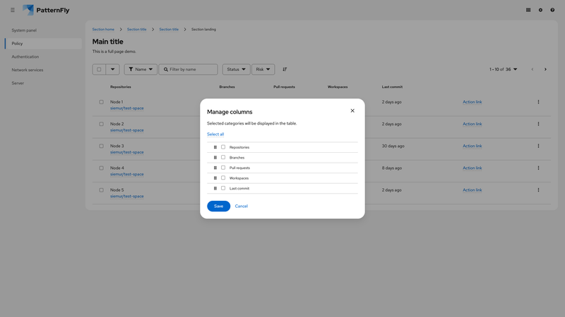 Column management modal screenshot