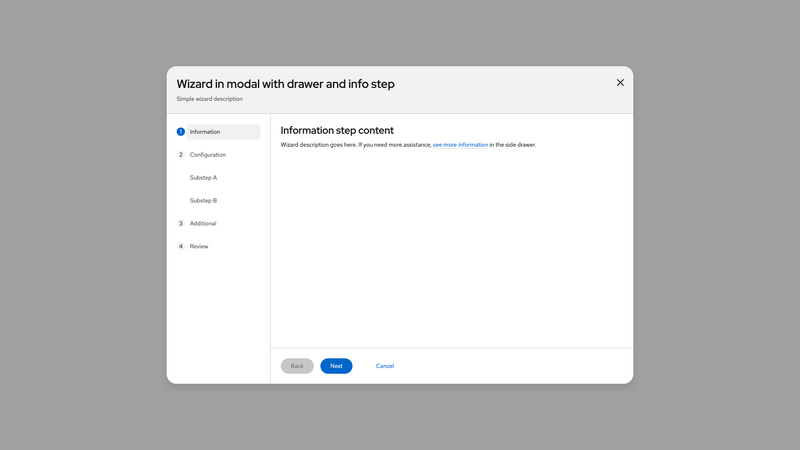 In modal, with drawer and informational step screenshot