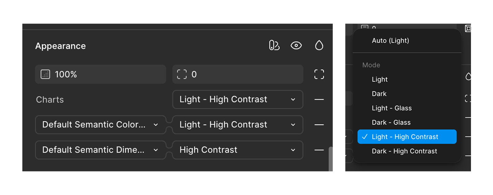 Figma settings menu to select different token variables.