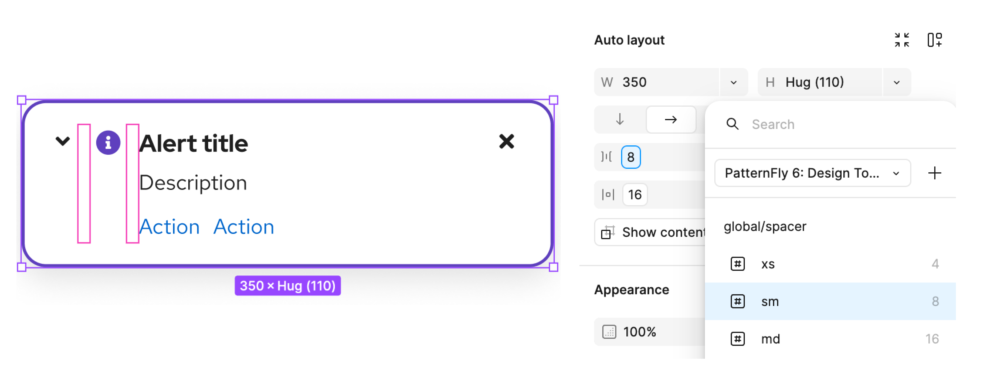 Spacer tokens displayed as options in a Figma layout menu