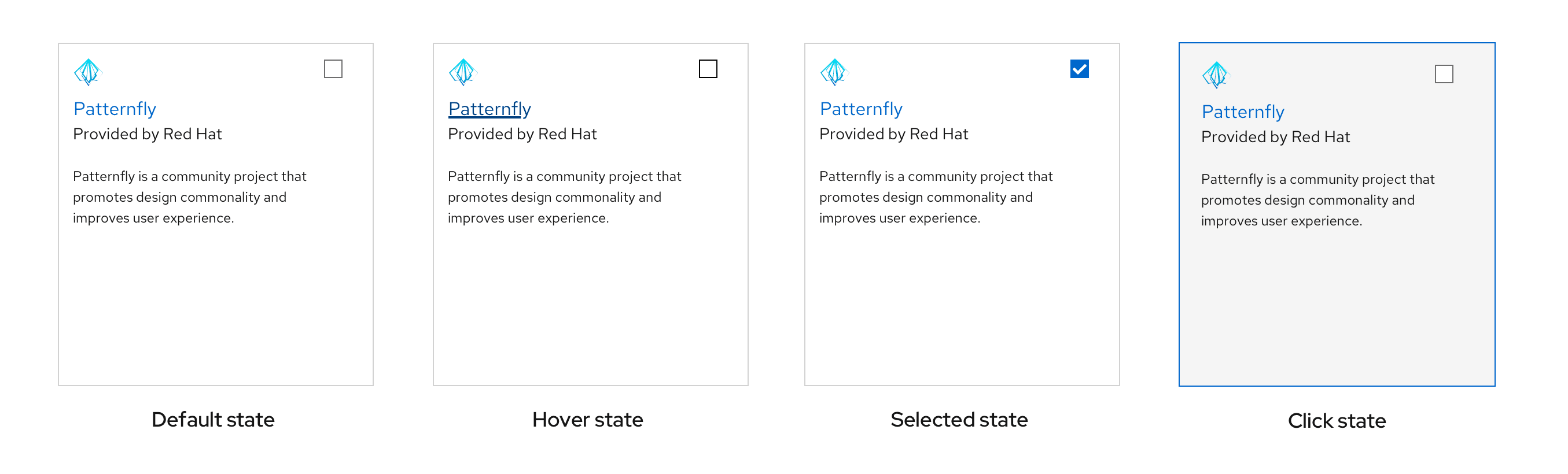 example of selectable and clickable cards and their states