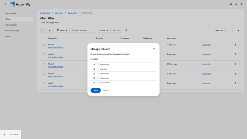 Column management modal screenshot