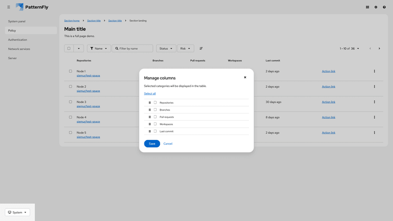 Column management modal screenshot