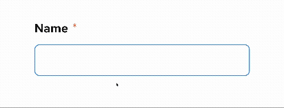 An example if an input error. When a single letter "A" is entered into the "Name" field, an error helper text is rendered stating that the value must be at least 2 characters.