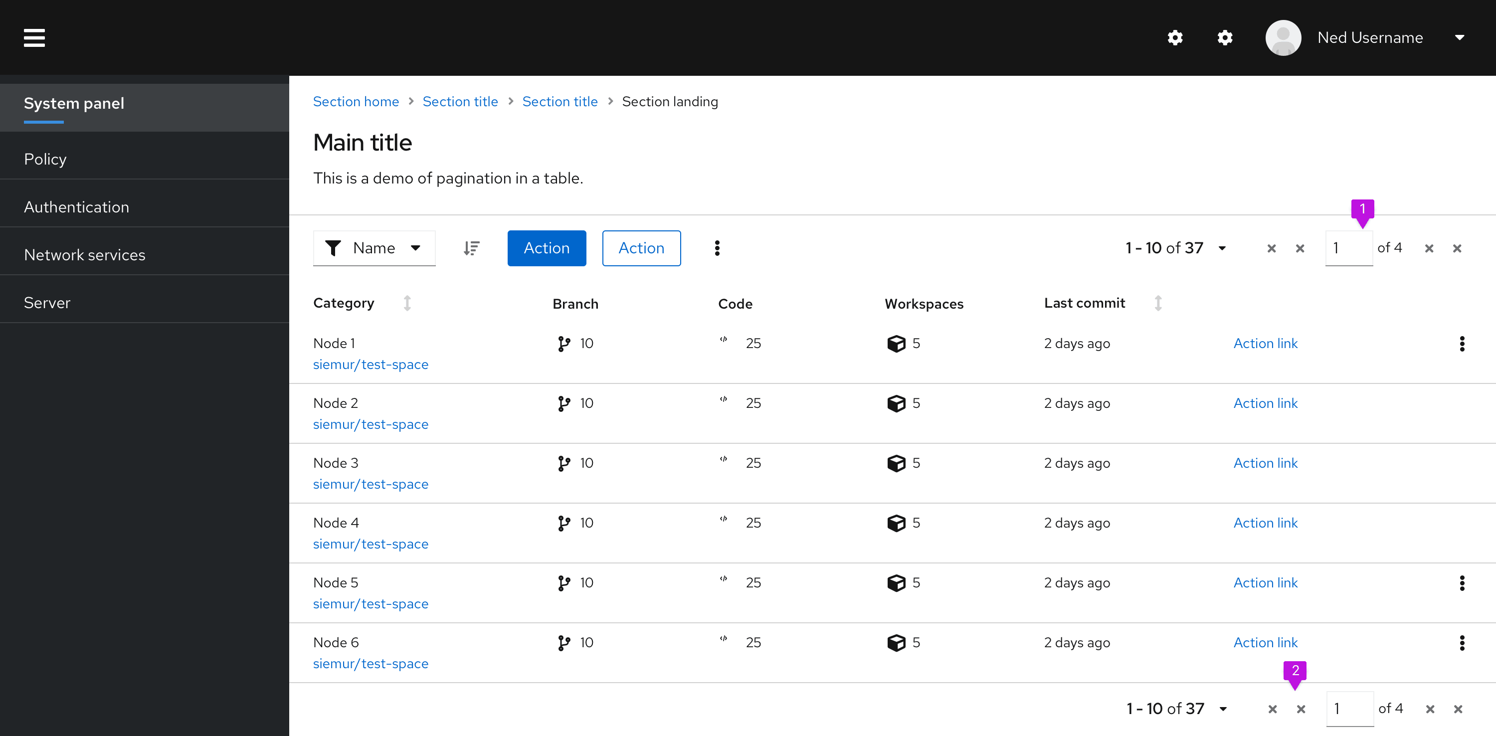 Example of pagination on full page table