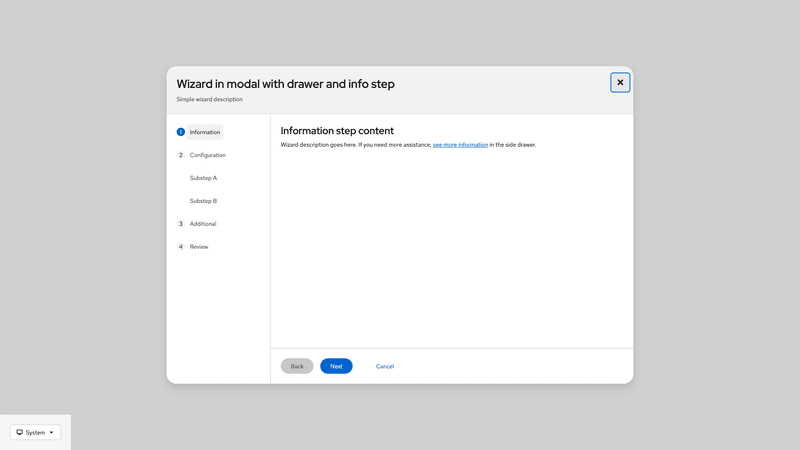 In modal, with drawer and informational step screenshot