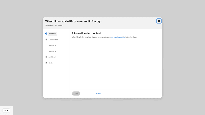 In modal, with drawer and informational step screenshot