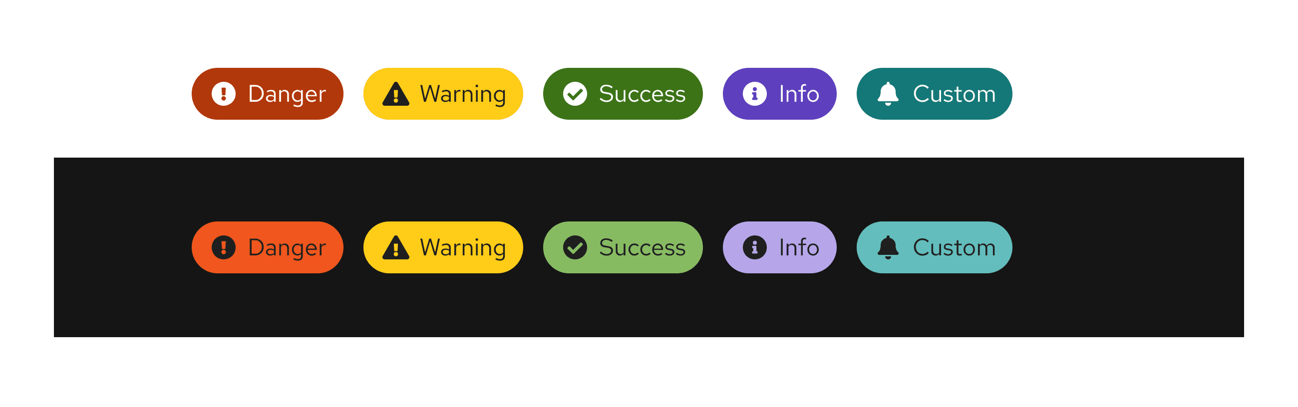 Filled status labels in light and dark color themes.